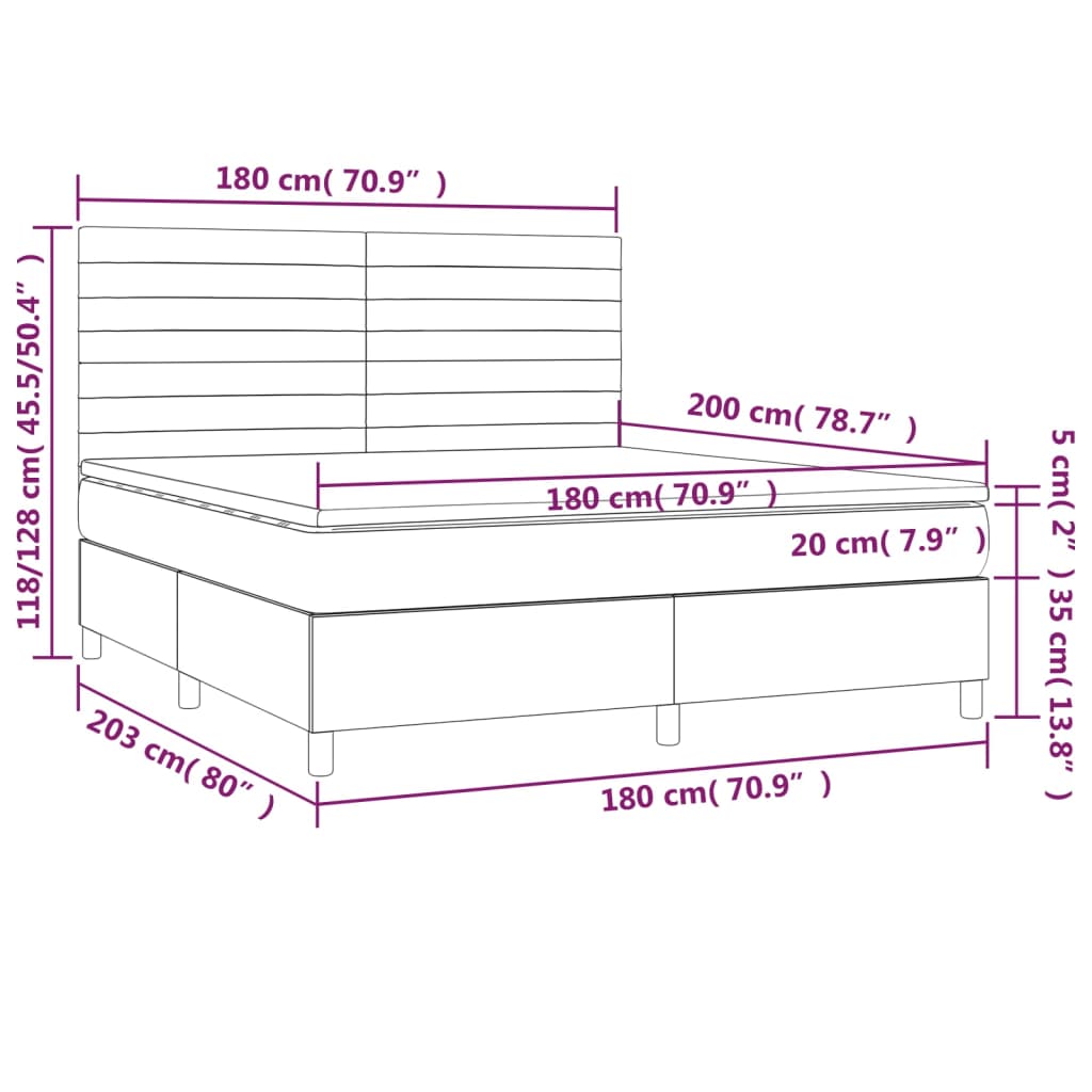 Cama box spring c/ colchão e LED 180x200 cm tecido azul