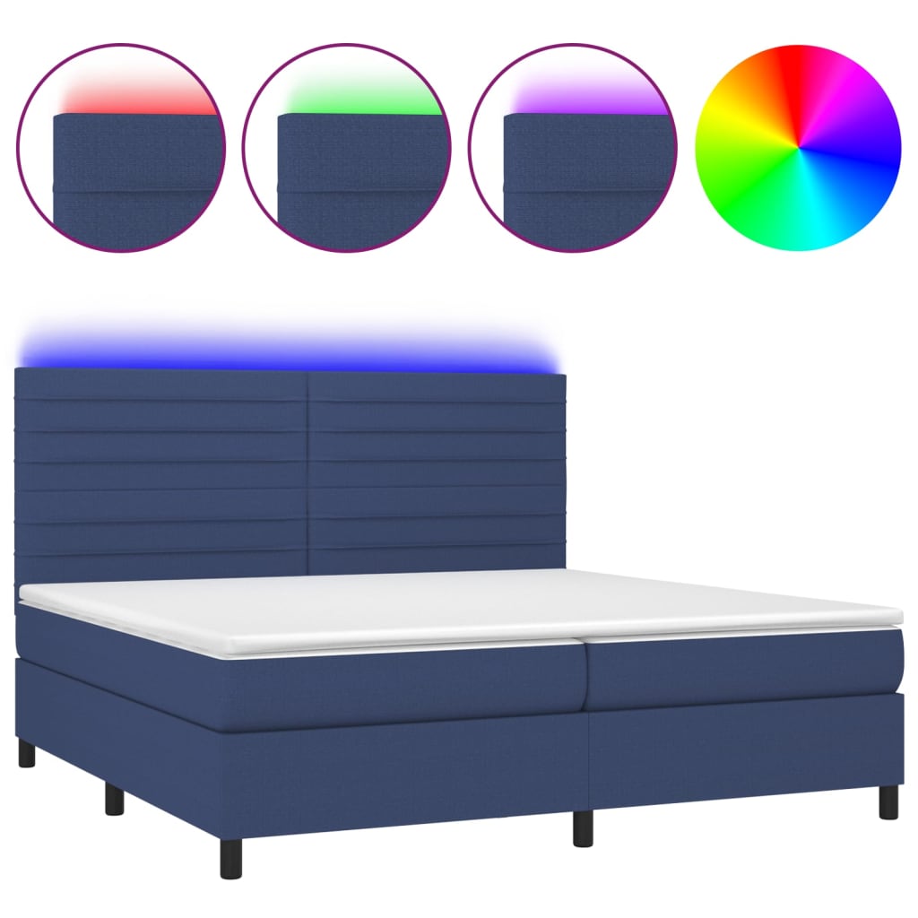 Cama box spring c/ colchão e LED 200x200 cm tecido azul