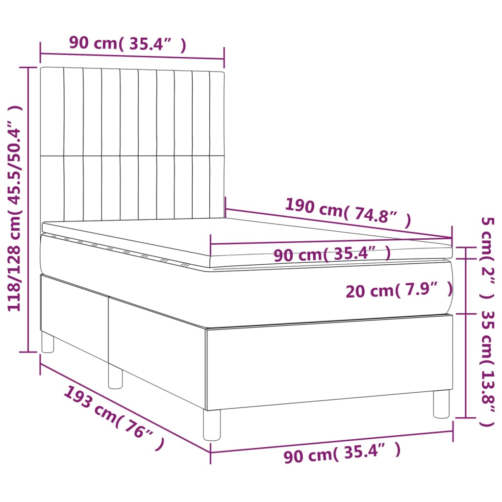 Cama box spring c/ colchão/LED 90x190 cm tecido castanho-escuro