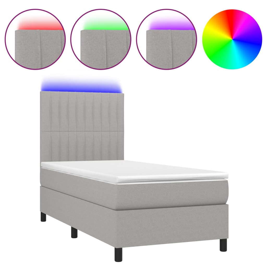 Cama box spring c/ colchão e LED 100x200 cm tecido cinza-claro