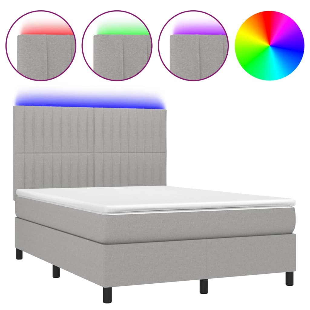 Cama box spring c/ colchão e LED 140x190 cm tecido cinza-claro