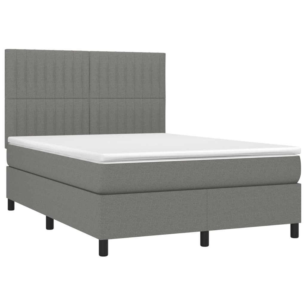 Cama box spring c/ colchão e LED 140x190 cm tecido cinza-escuro