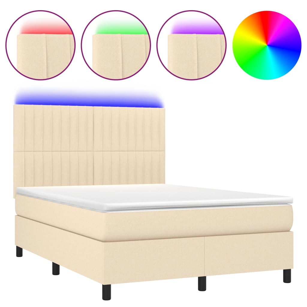 Cama box spring c/ colchão e LED 140x190 cm tecido cor creme