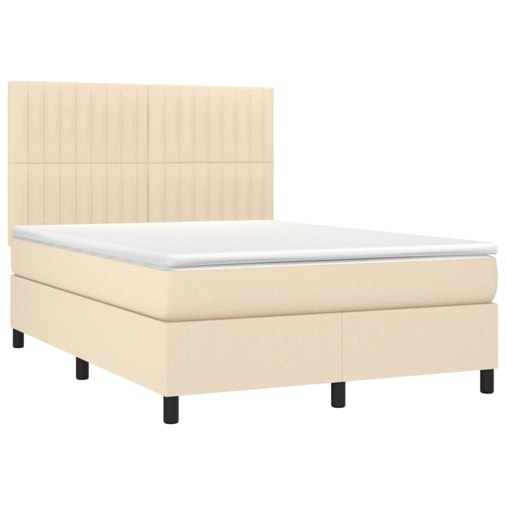 Cama box spring c/ colchão e LED 140x190 cm tecido cor creme