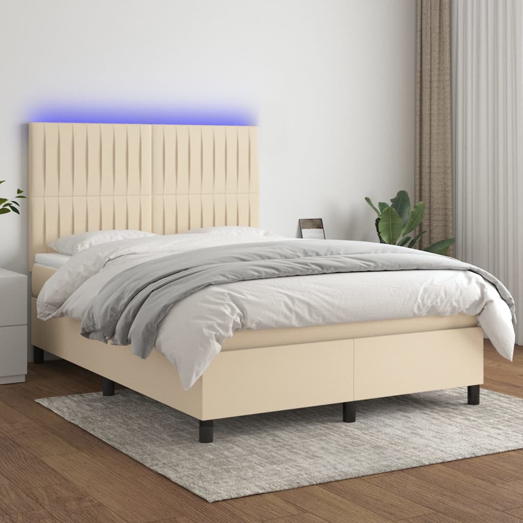 Cama box spring c/ colchão e LED 140x190 cm tecido cor creme