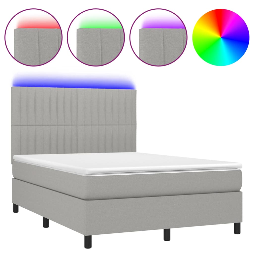 Cama box spring c/ colchão e LED 140x200 cm tecido cinza-claro