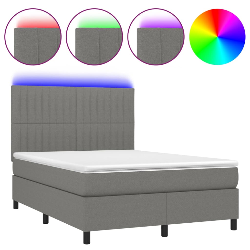 Cama box spring c/ colchão e LED 140x200 cm tecido cinza-escuro