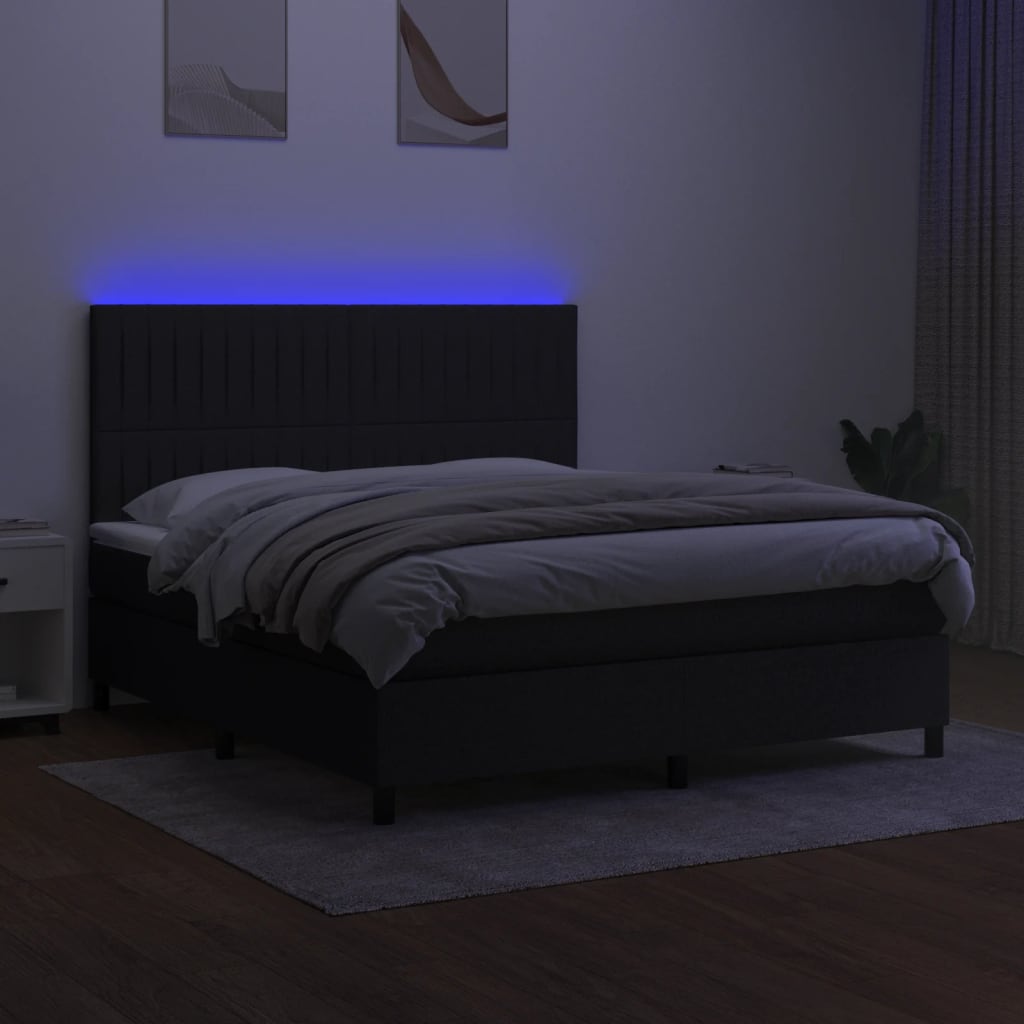 Cama box spring c/ colchão e LED 160x200 cm tecido preto