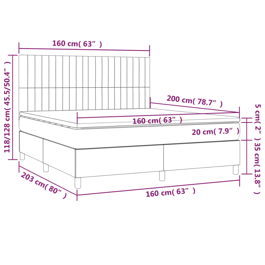 Cama box spring c/ colchão e LED 160x200 cm tecido preto