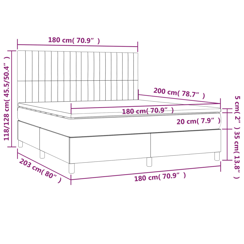 Cama box spring c/ colchão/LED 180x200cm tecido castanho-escuro