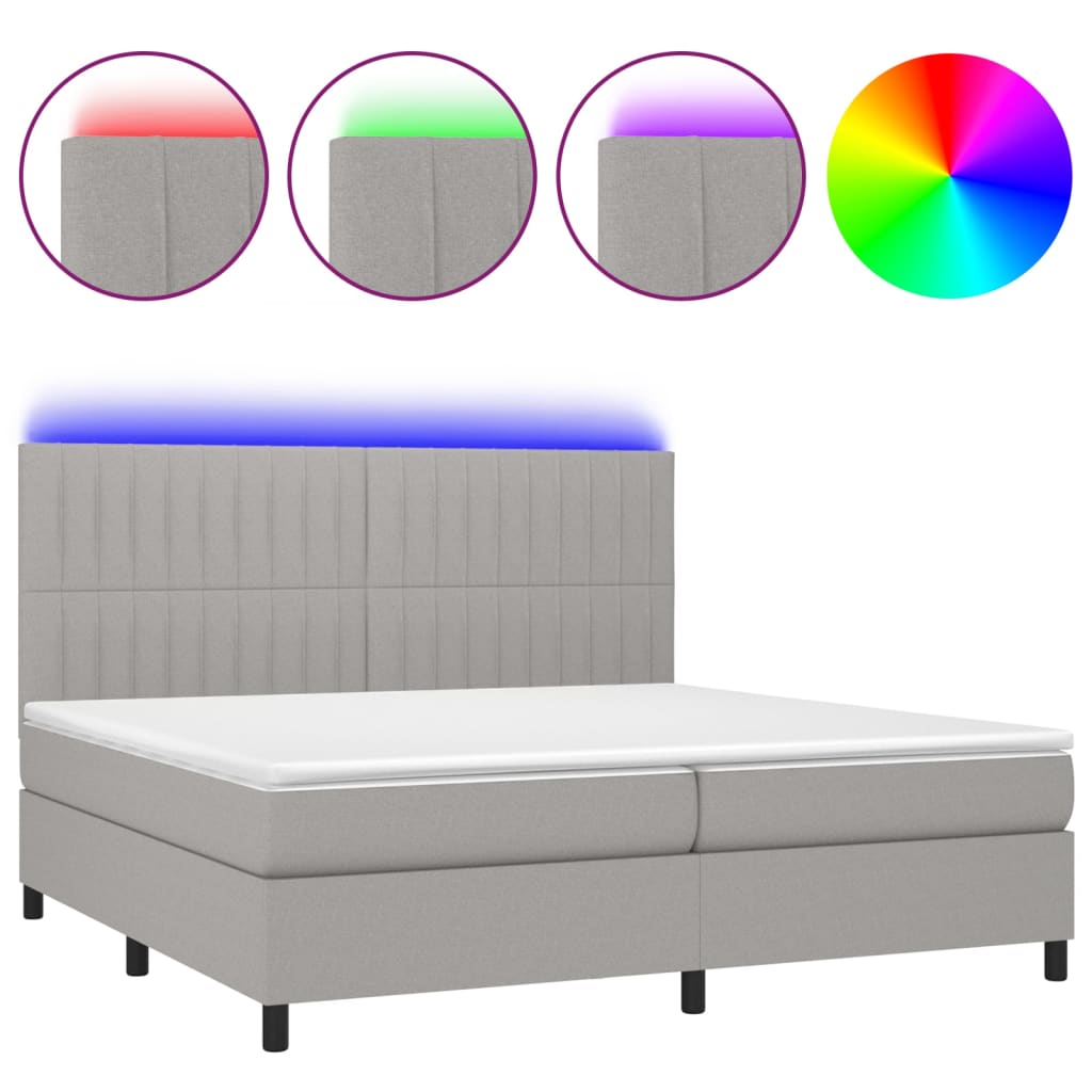 Cama box spring c/ colchão e LED 200x200 cm tecido cinza-claro