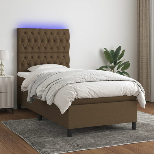 Cama box spring c/ colchão/LED 80x200cm tecido castanho-escuro