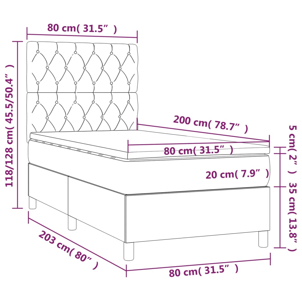 Cama box spring + colchão/LED 80x200cm tecido cinza-acastanhado