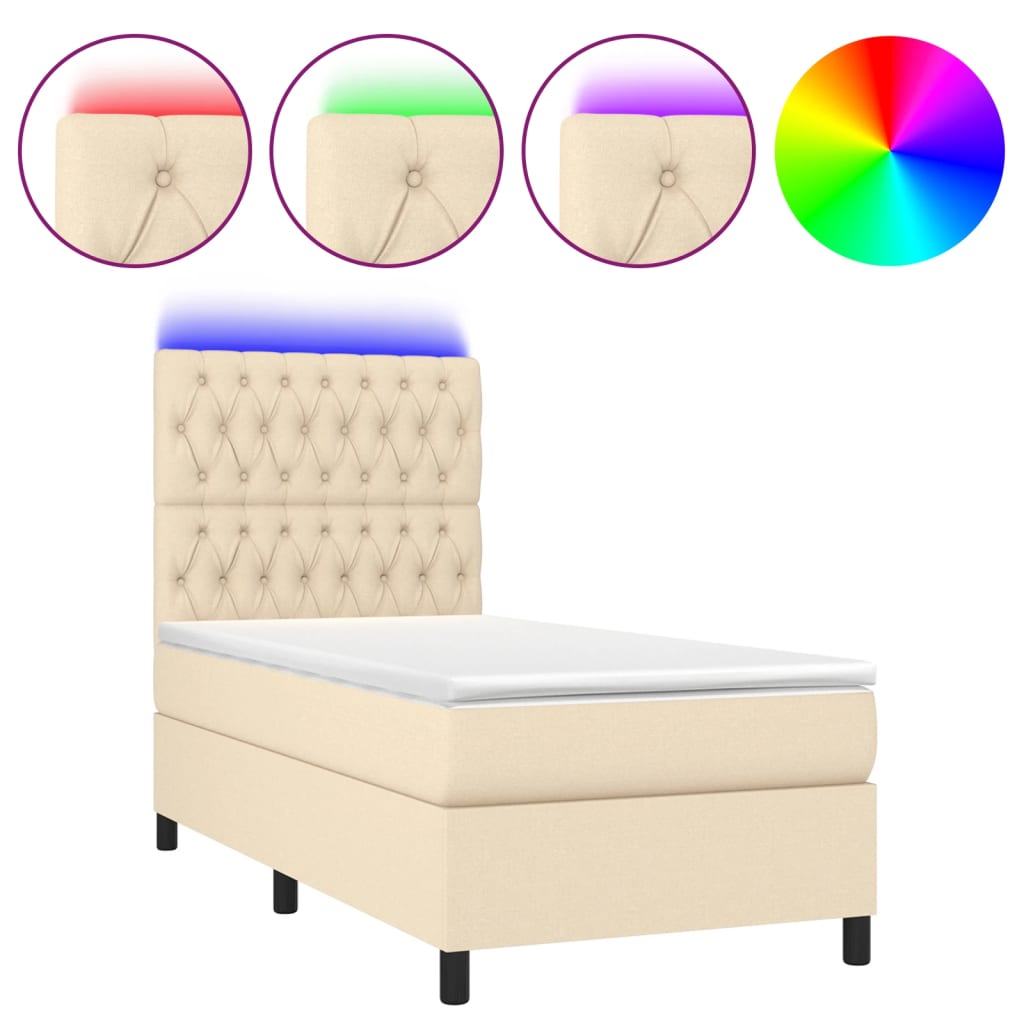 Cama box spring c/ colchão e LED 90x190 cm tecido cor creme