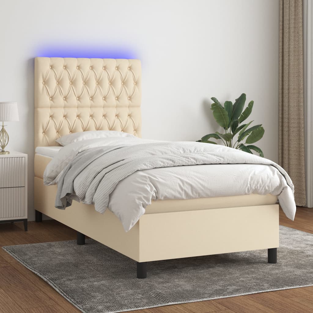 Cama box spring c/ colchão e LED 90x200 cm tecido cor creme