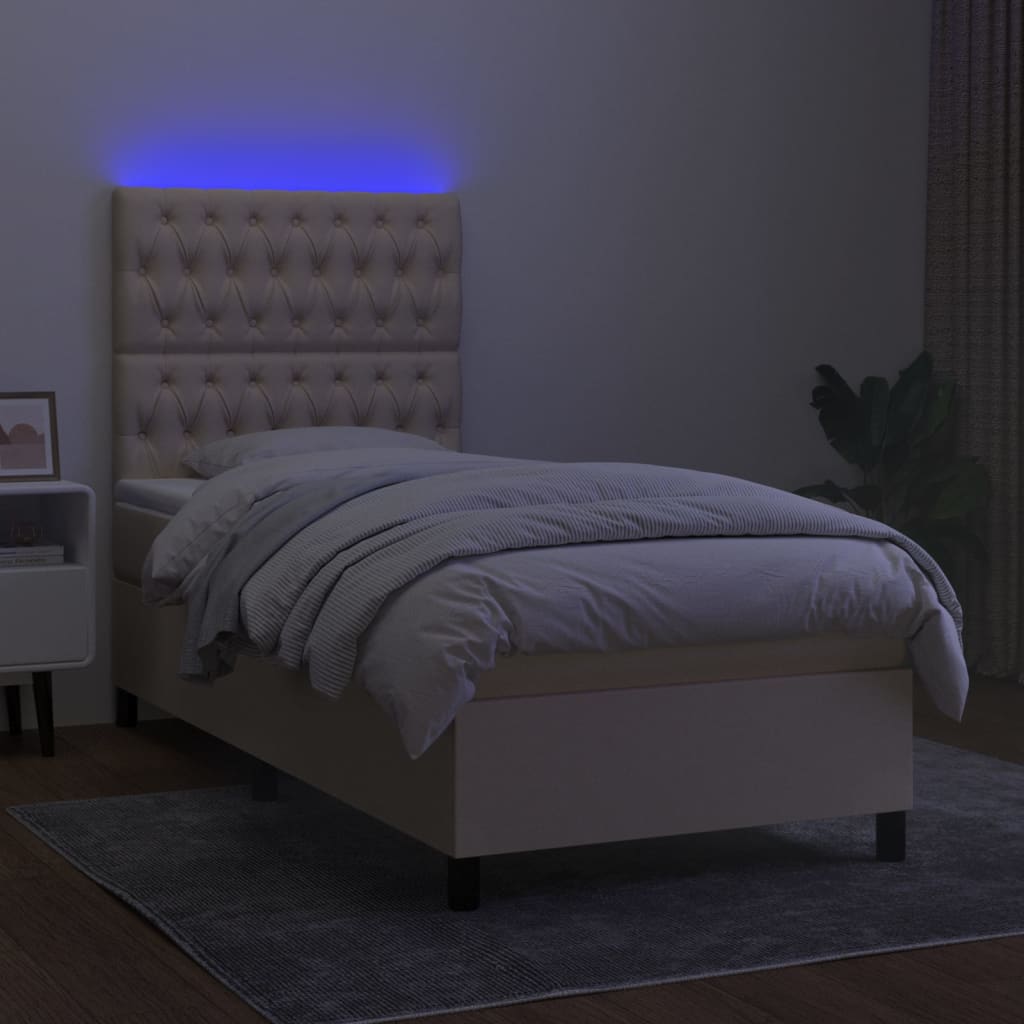 Cama box spring c/ colchão e LED 100x200 cm tecido cor creme