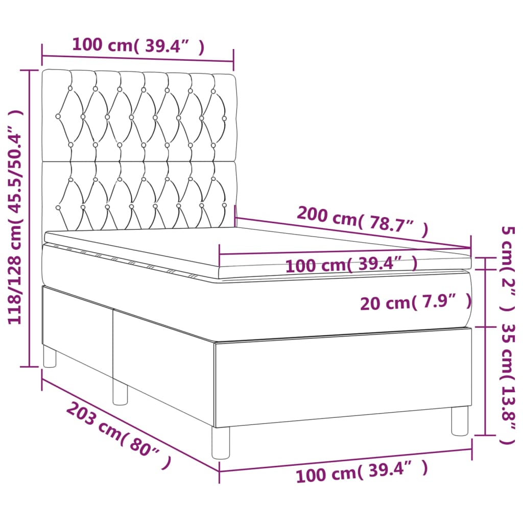 Cama box spring c/ colchão e LED 100x200 cm tecido azul