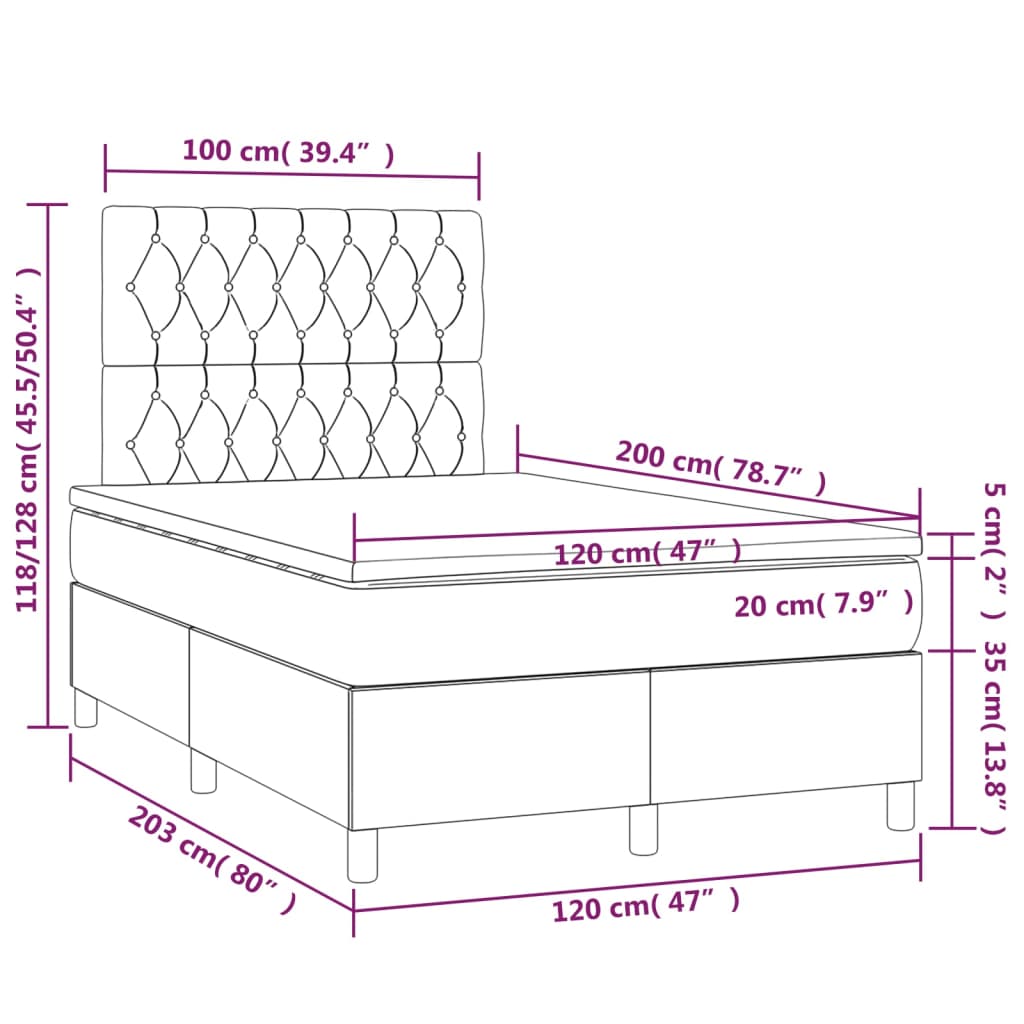 Cama box spring c/ colchão e LED 120x200 cm tecido cor creme