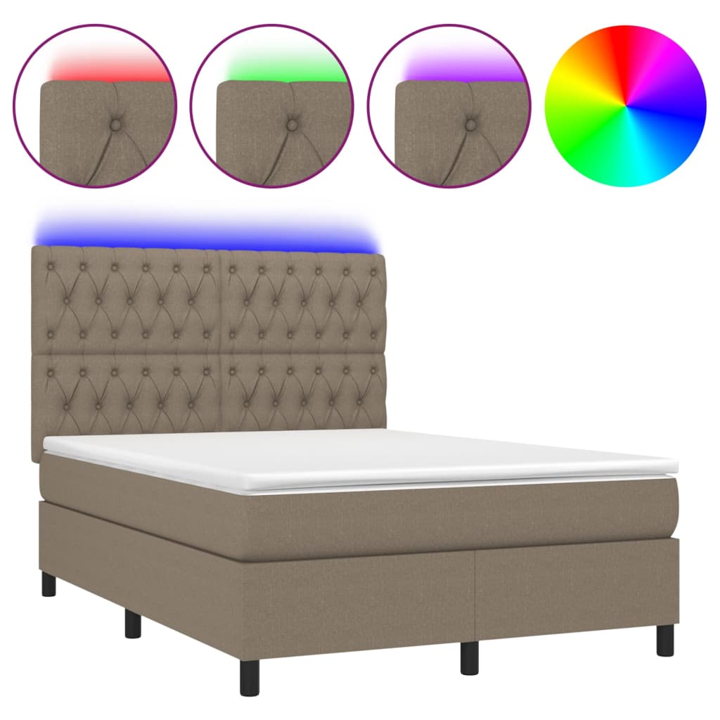 Cama box spring colchão/LED 140x190cm tecido cinza-acastanhado