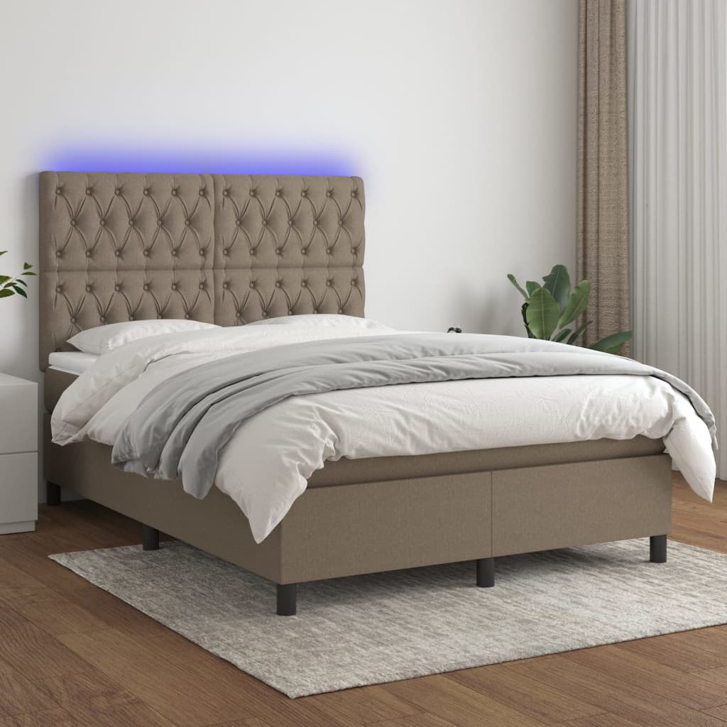 Cama box spring colchão/LED 140x200 cm tecido cinza-acastanhado