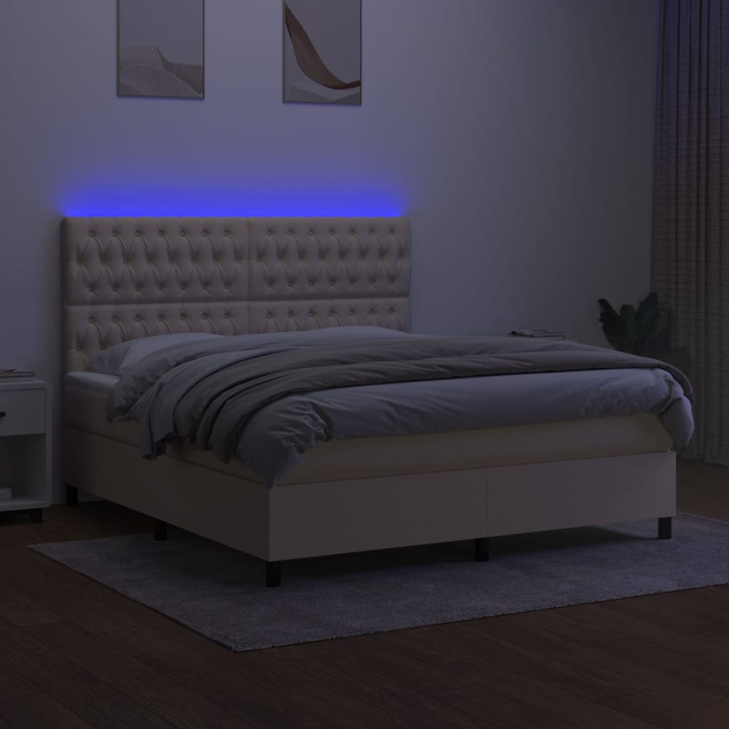 Cama box spring c/ colchão e LED 160x200 cm tecido cor creme