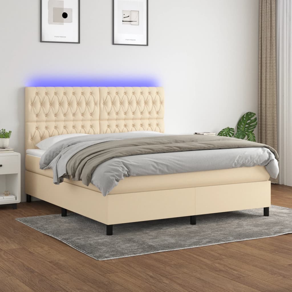 Cama box spring c/ colchão e LED 160x200 cm tecido cor creme