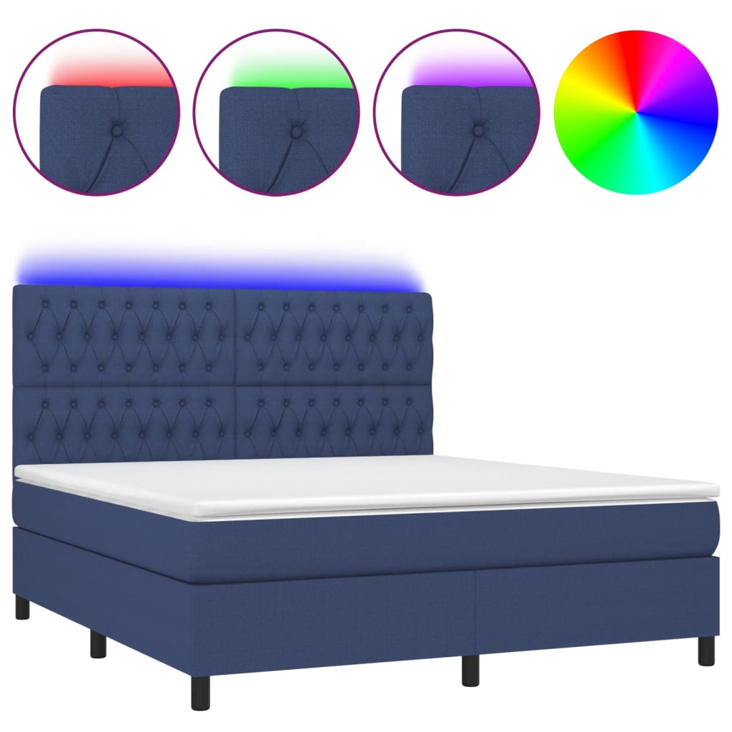 Cama box spring c/ colchão e LED 180x200 cm tecido azul