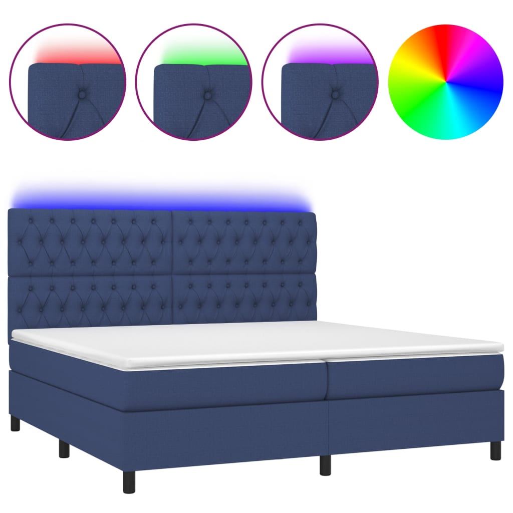 Cama box spring c/ colchão e LED 200x200 cm tecido azul