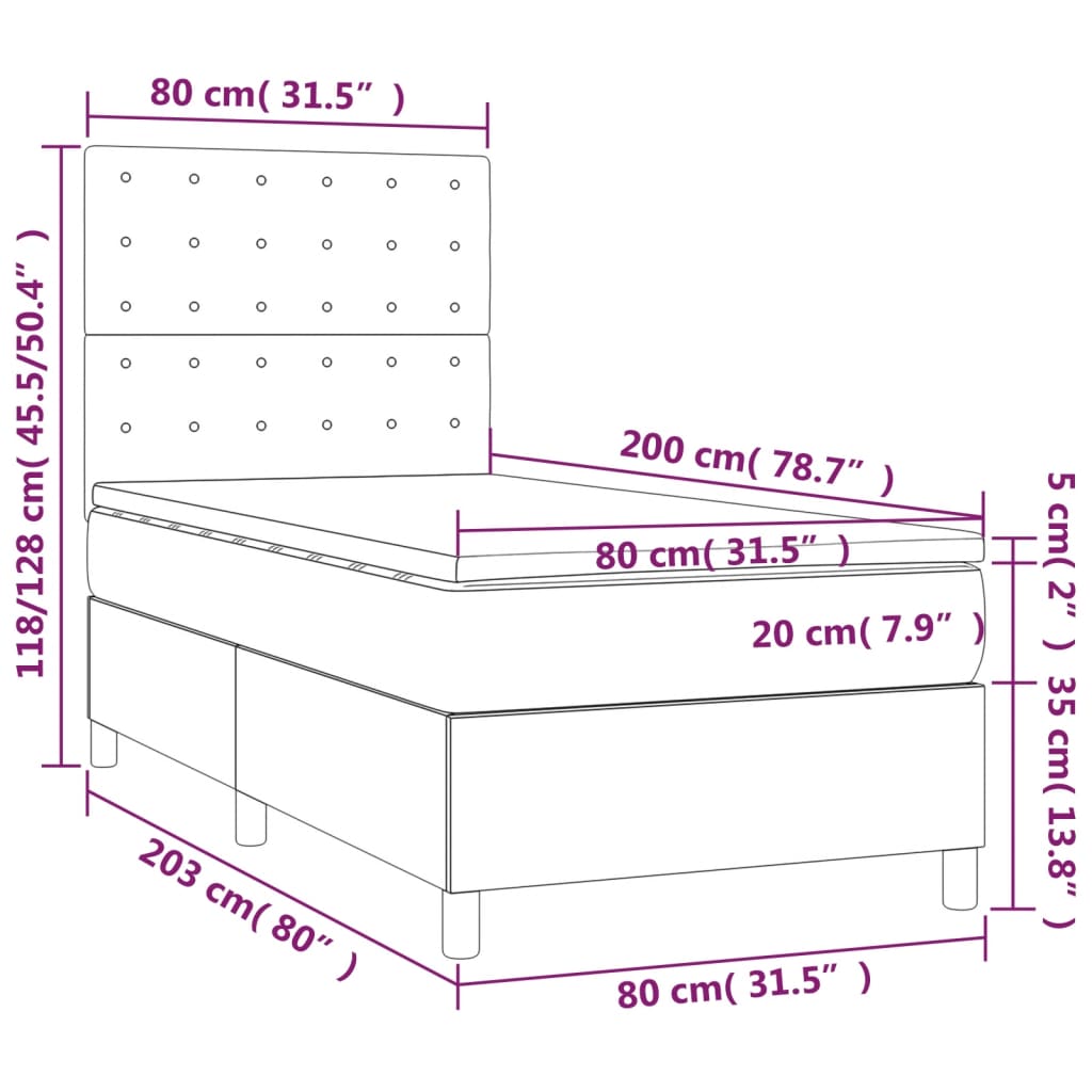 Cama box spring + colchão/LED 80x200cm tecido cinza-acastanhado