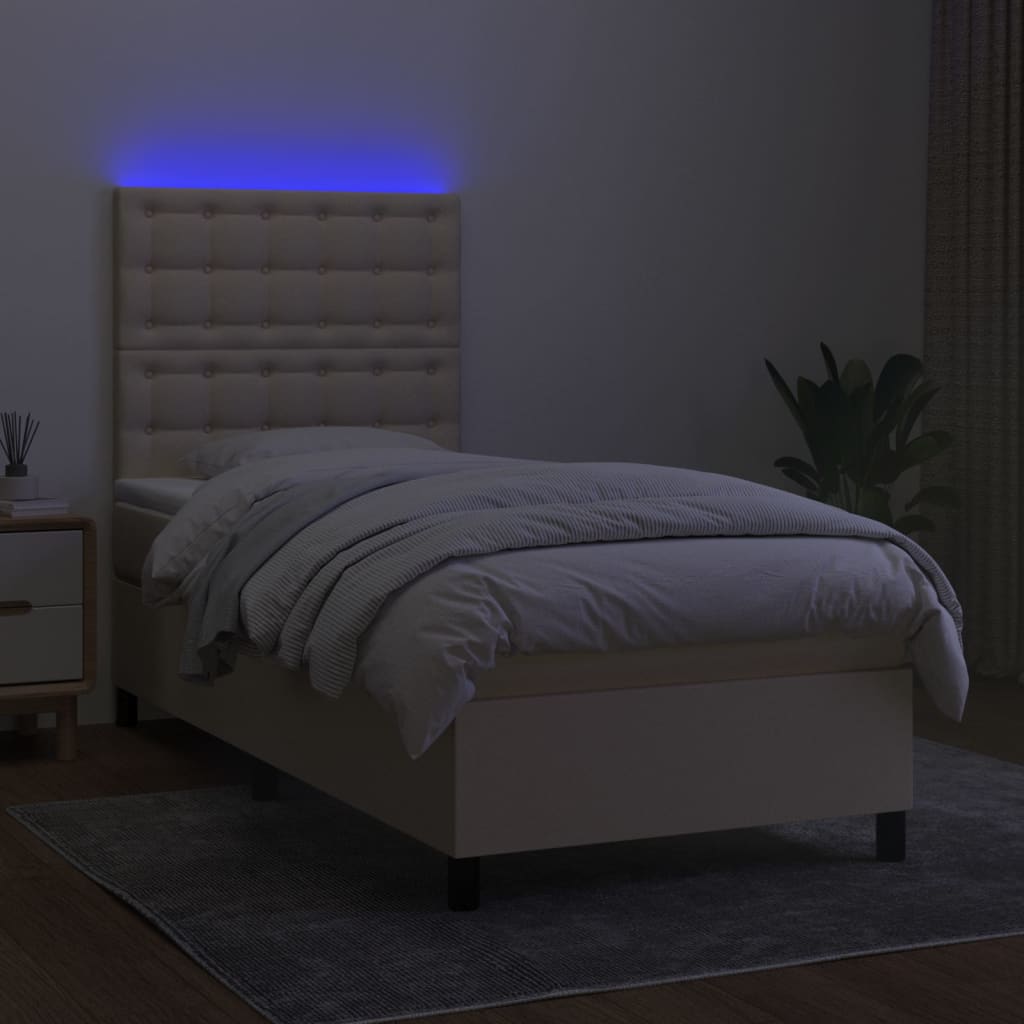 Cama box spring c/ colchão e LED 80x200 cm tecido cor creme