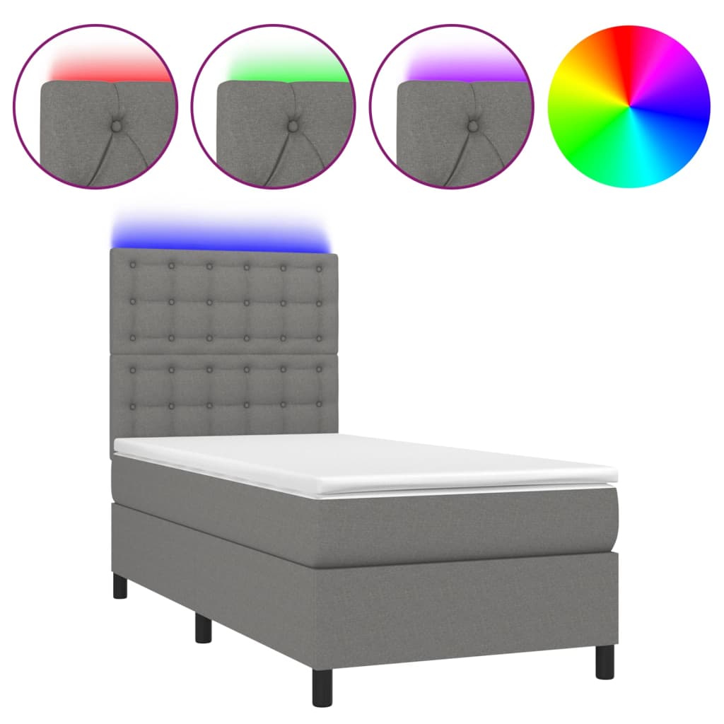 Cama box spring c/ colchão e LED 90x190 cm tecido cinza-escuro