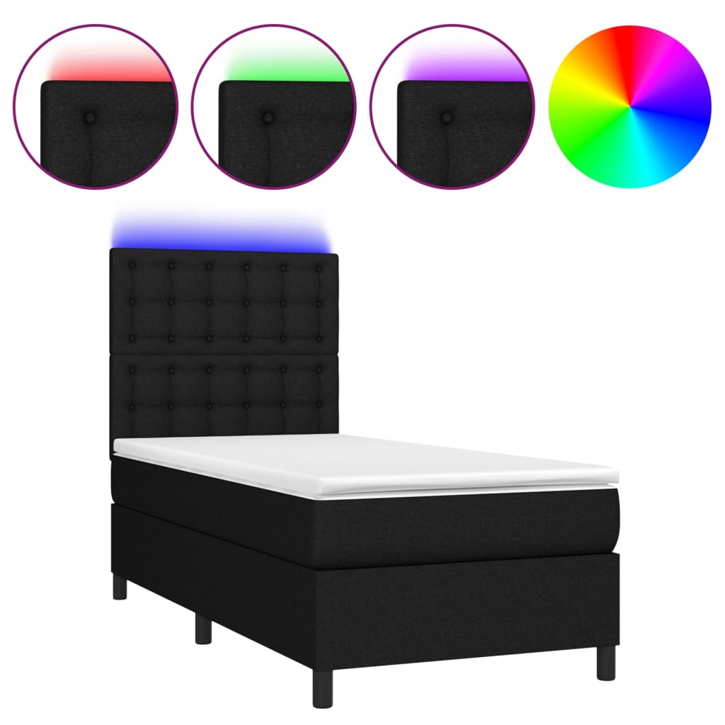 Cama box spring c/ colchão e LED 90x190 cm tecido preto