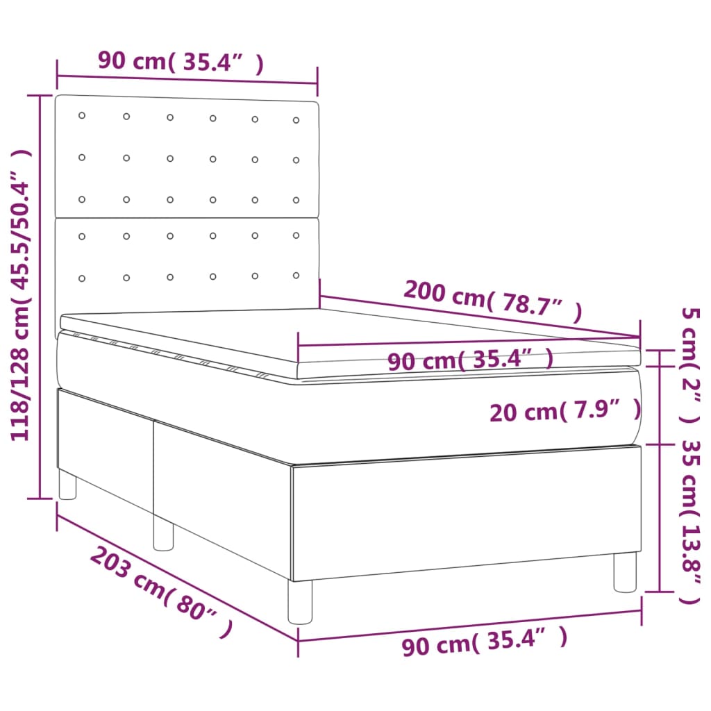 Cama box spring c/ colchão e LED 90x200 cm tecido cinza-claro