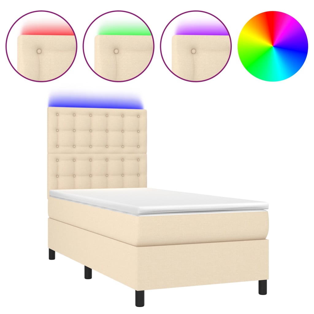 Cama box spring c/ colchão e LED 90x200 cm tecido cor creme