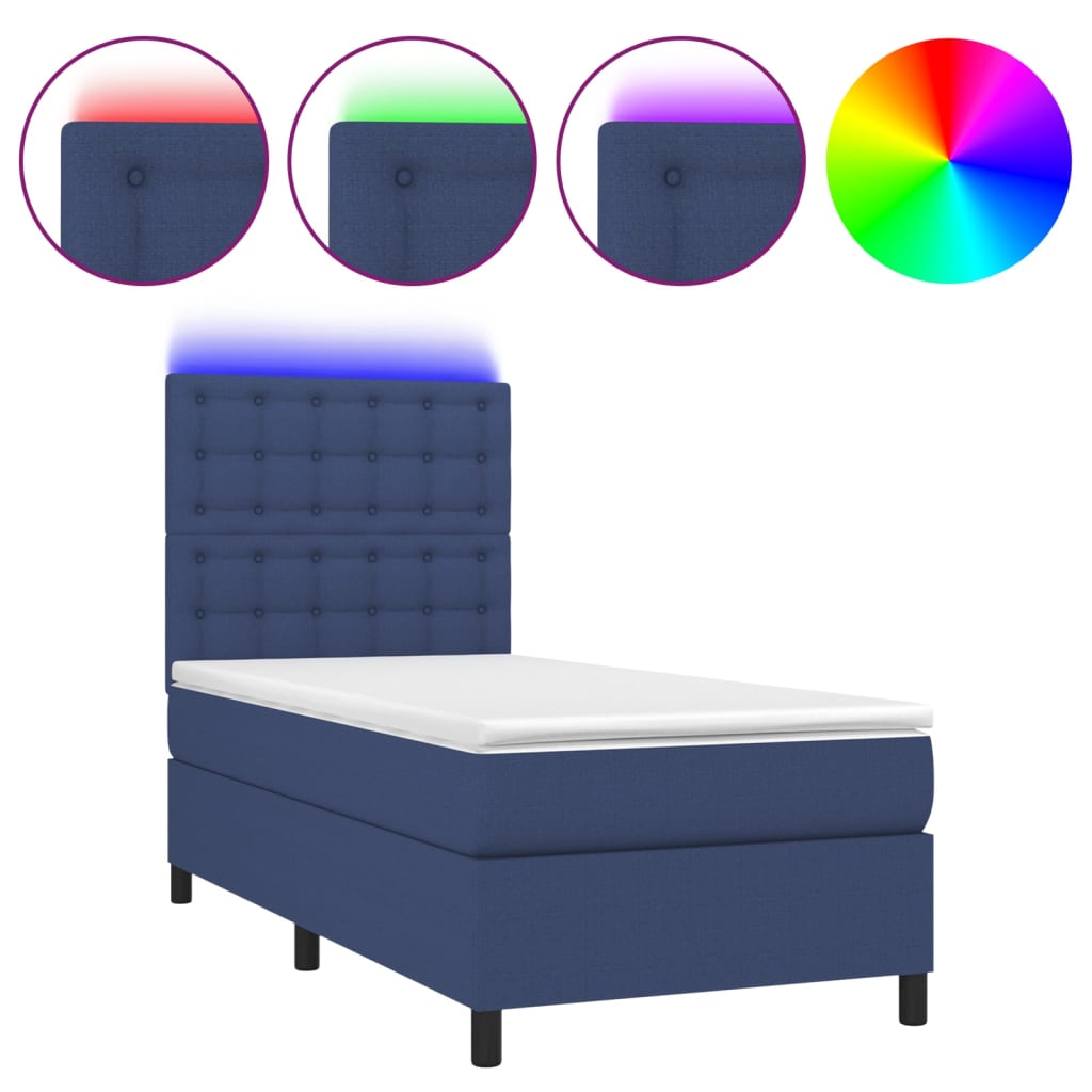 Cama box spring c/ colchão e LED 90x200 cm tecido azul