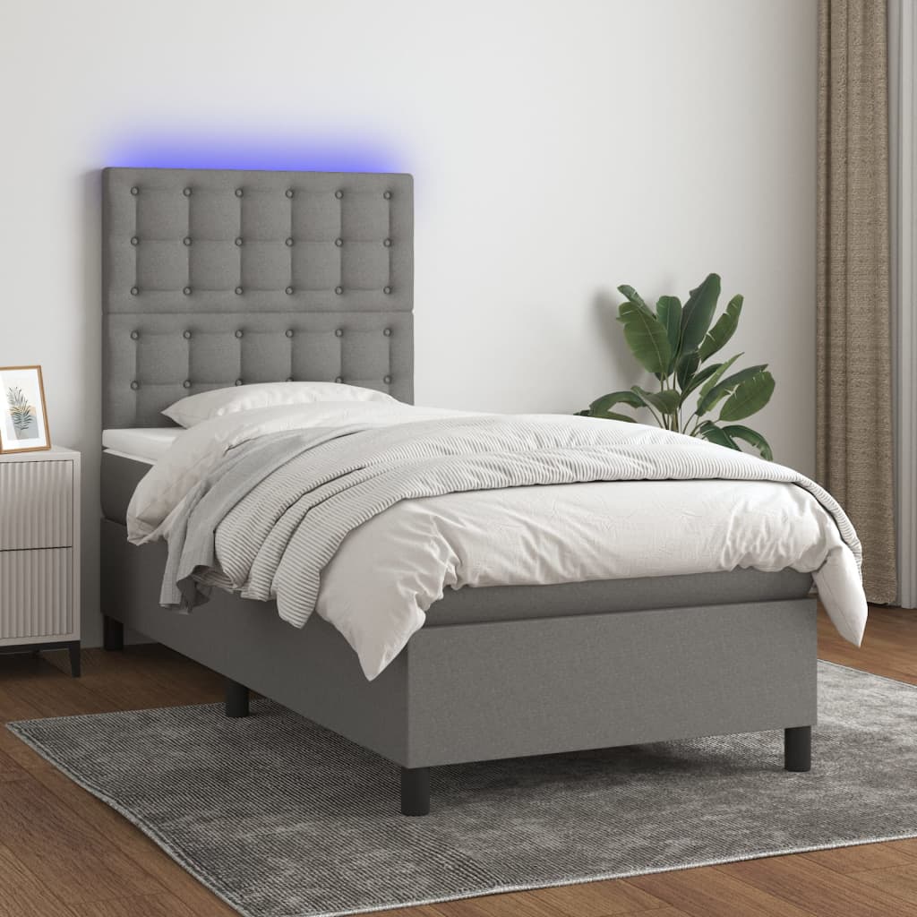 Cama box spring c/ colchão e LED 100x200 cm tecido cinza-escuro