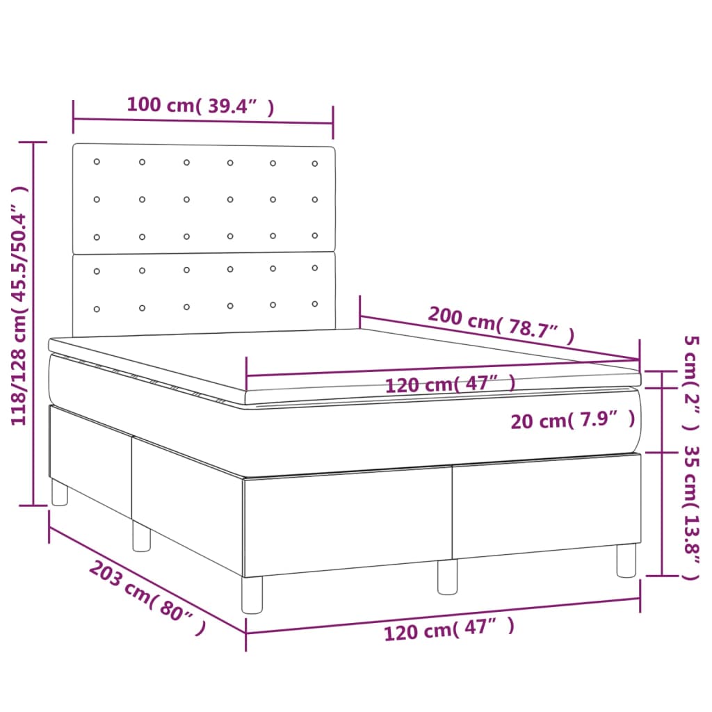 Cama box spring c/ colchão e LED 120x200 cm tecido cinza-escuro