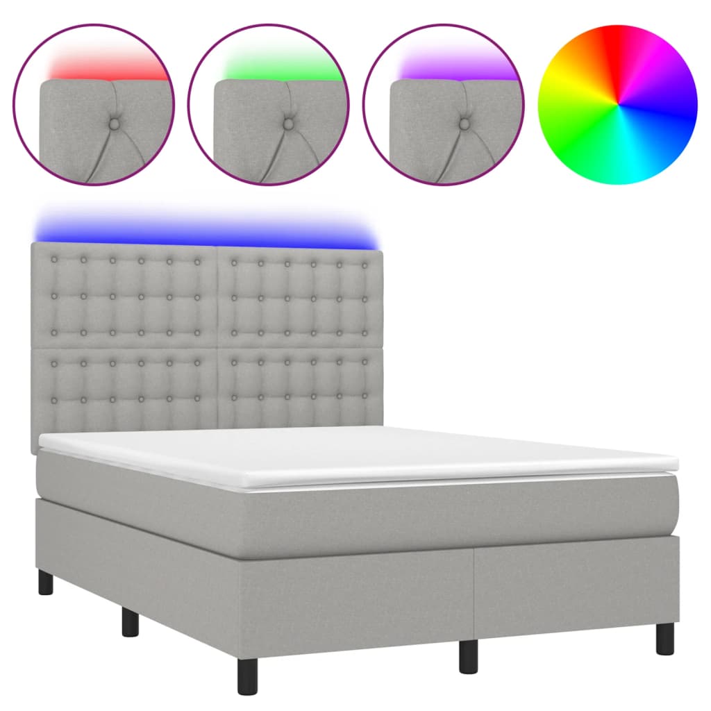 Cama box spring c/ colchão e LED 140x190 cm tecido cinza-claro