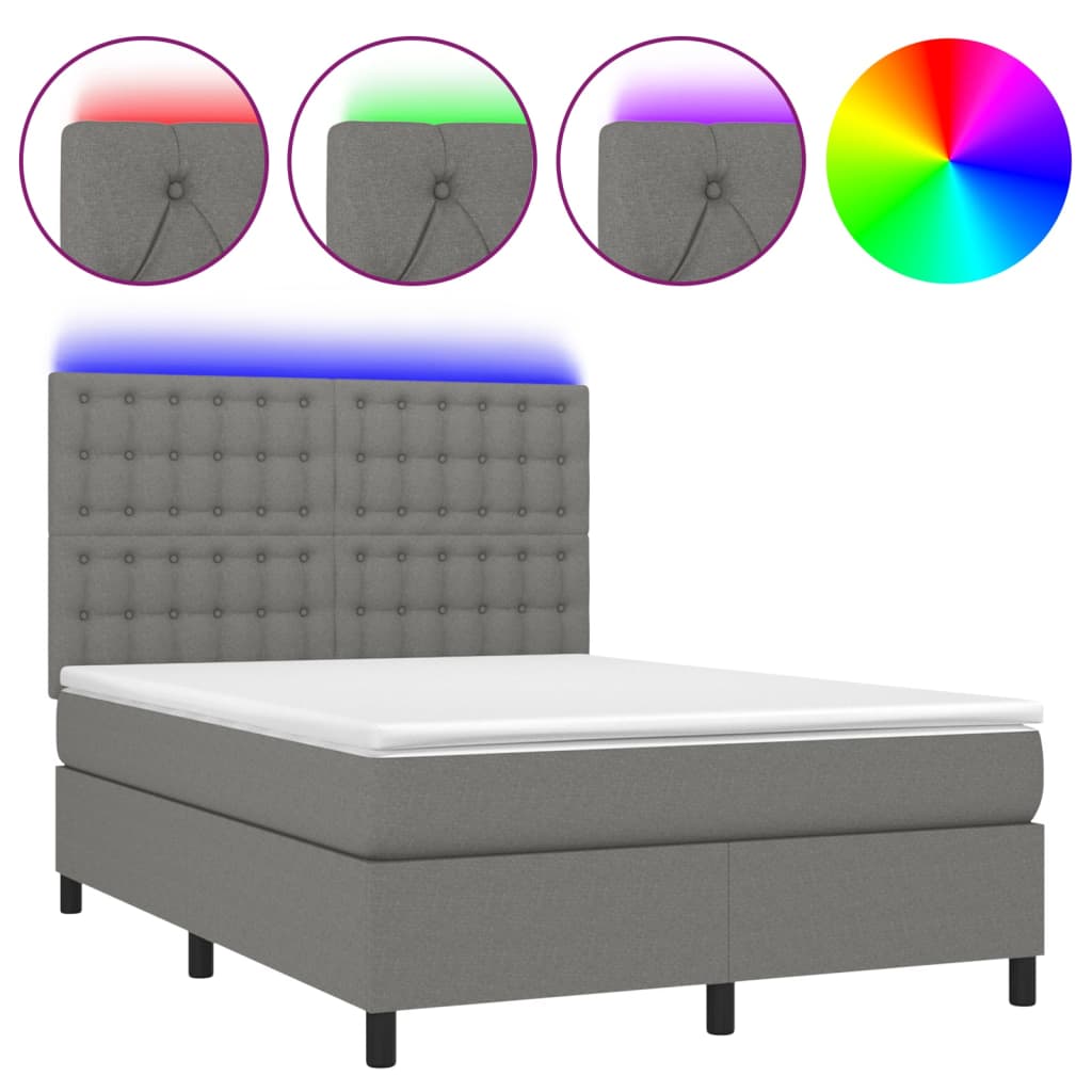 Cama box spring c/ colchão e LED 140x190 cm tecido cinza-escuro