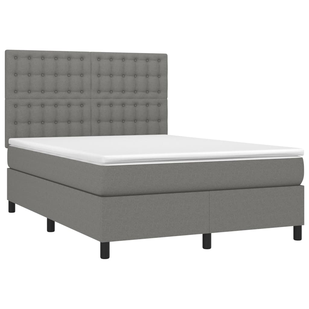 Cama box spring c/ colchão e LED 140x190 cm tecido cinza-escuro