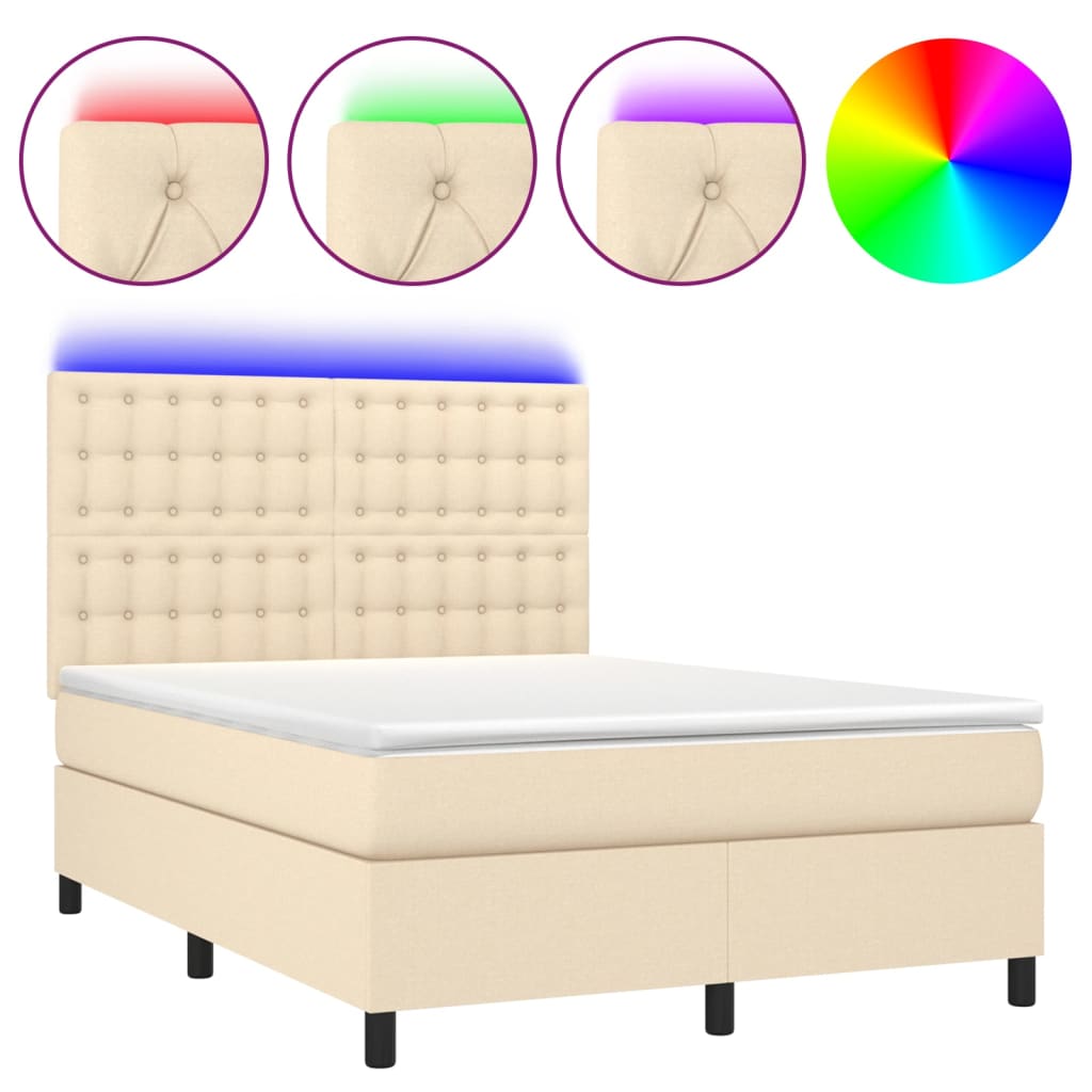 Cama box spring c/ colchão e LED 140x190 cm tecido cor creme