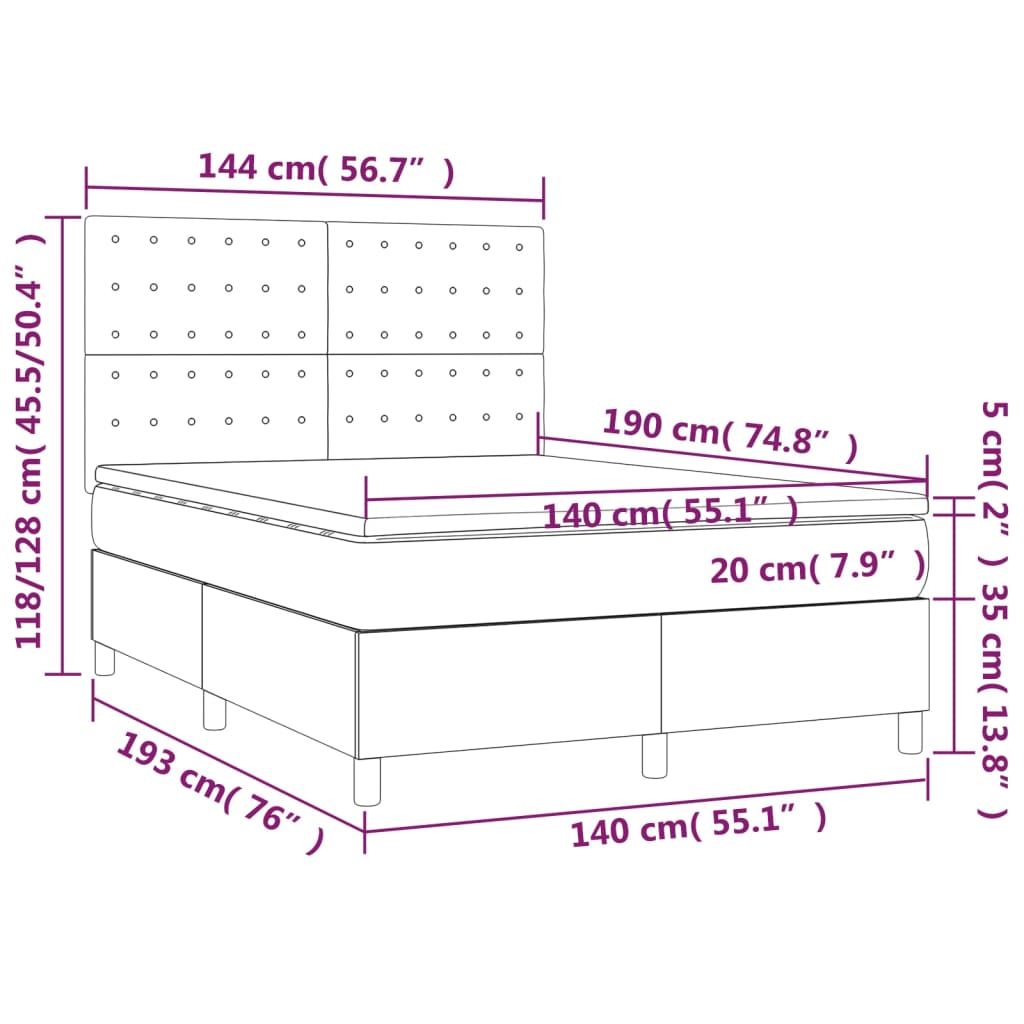 Cama box spring c/ colchão e LED 140x190 cm tecido cor creme