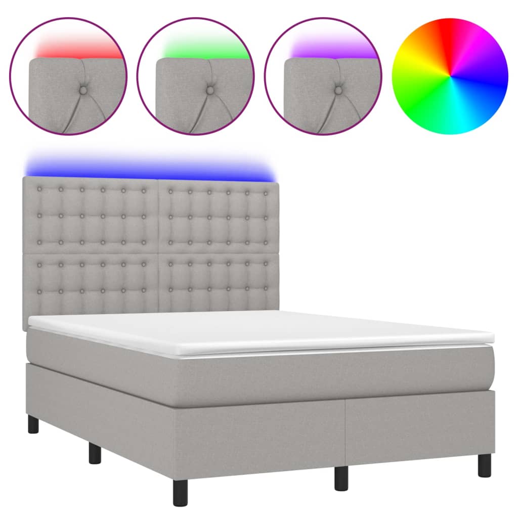 Cama box spring c/ colchão e LED 140x200 cm tecido cinza-claro