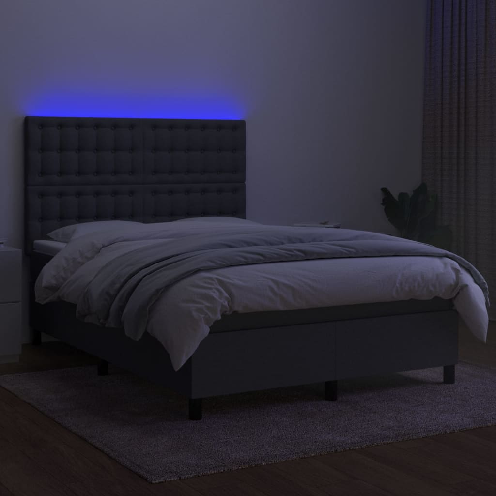 Cama box spring c/ colchão e LED 140x200 cm tecido cinza-escuro