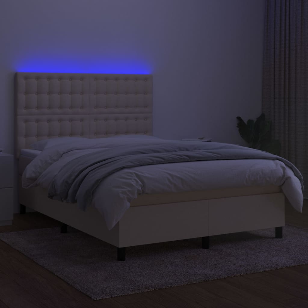 Cama box spring c/ colchão e LED 140x200 cm tecido cor creme