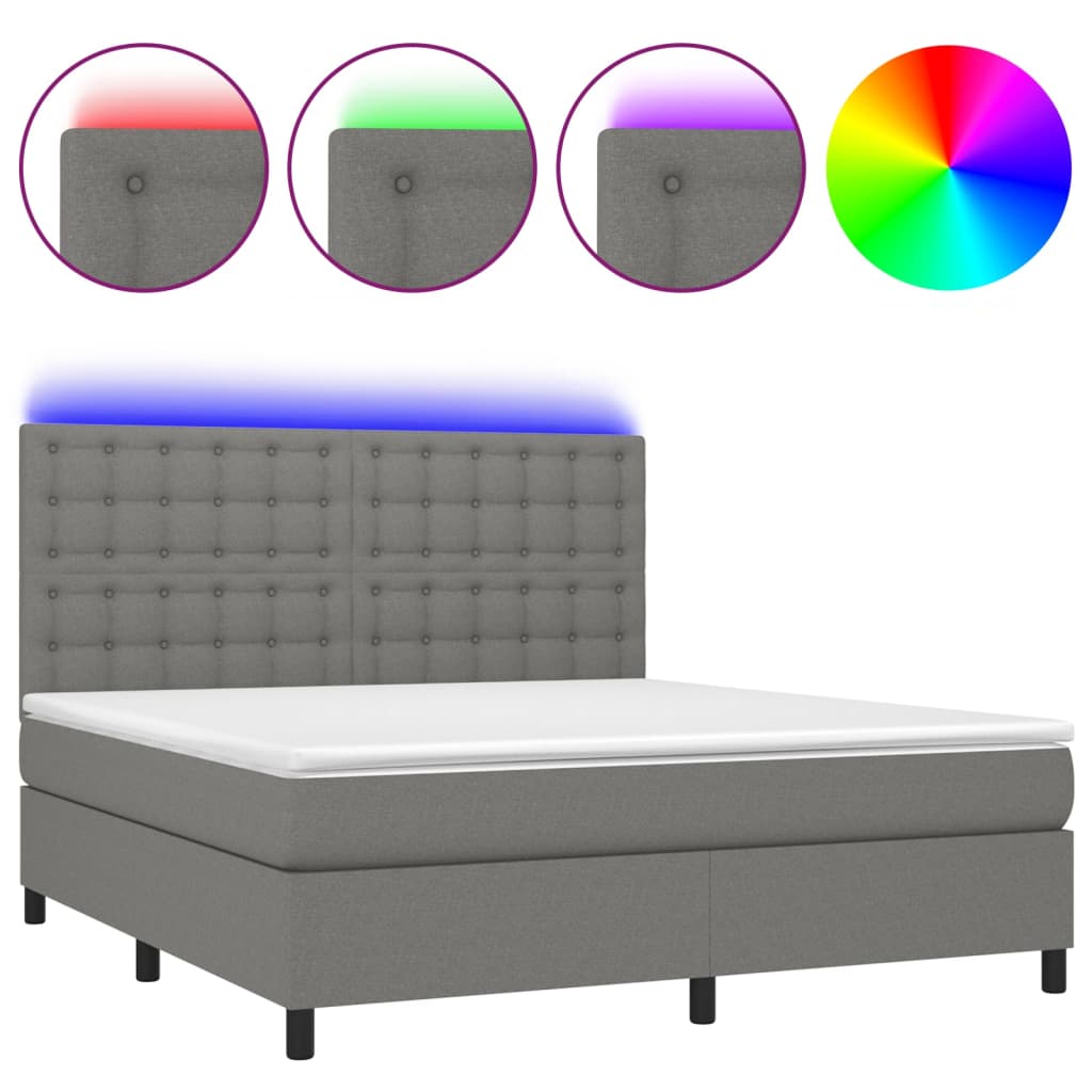 Cama box spring c/ colchão e LED 160x200 cm tecido cinza-escuro