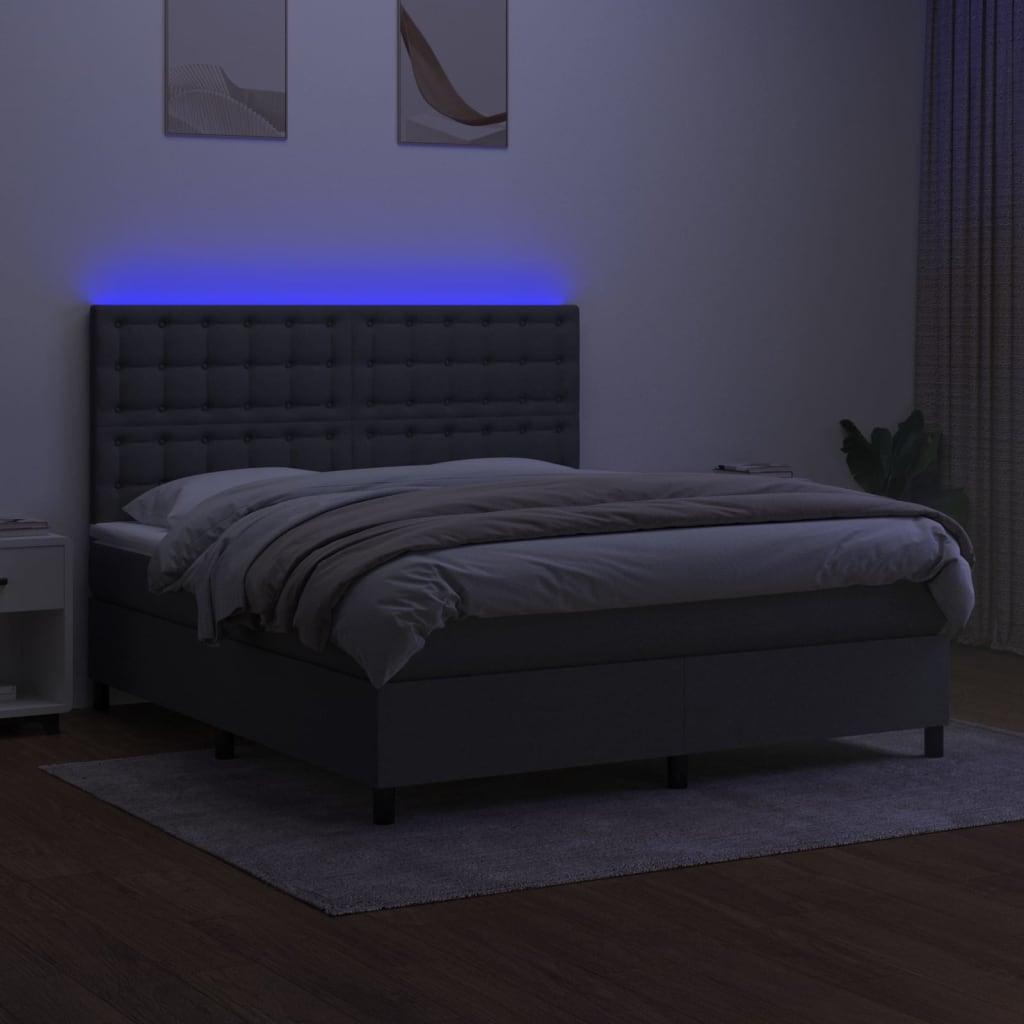 Cama box spring c/ colchão e LED 160x200 cm tecido cinza-escuro