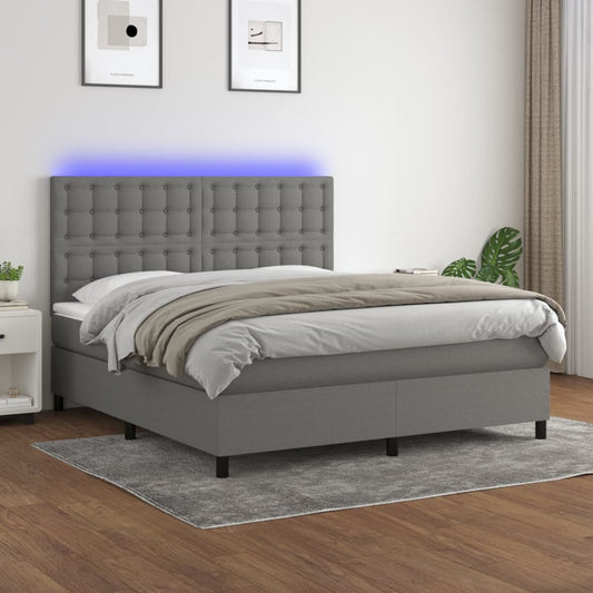 Cama box spring c/ colchão e LED 160x200 cm tecido cinza-escuro