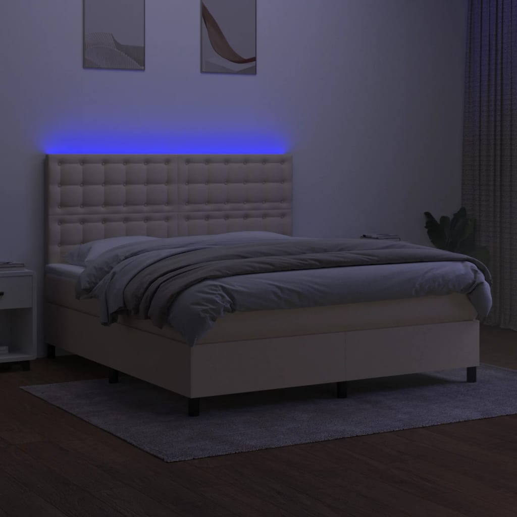 Cama box spring c/ colchão e LED 160x200 cm tecido cor creme