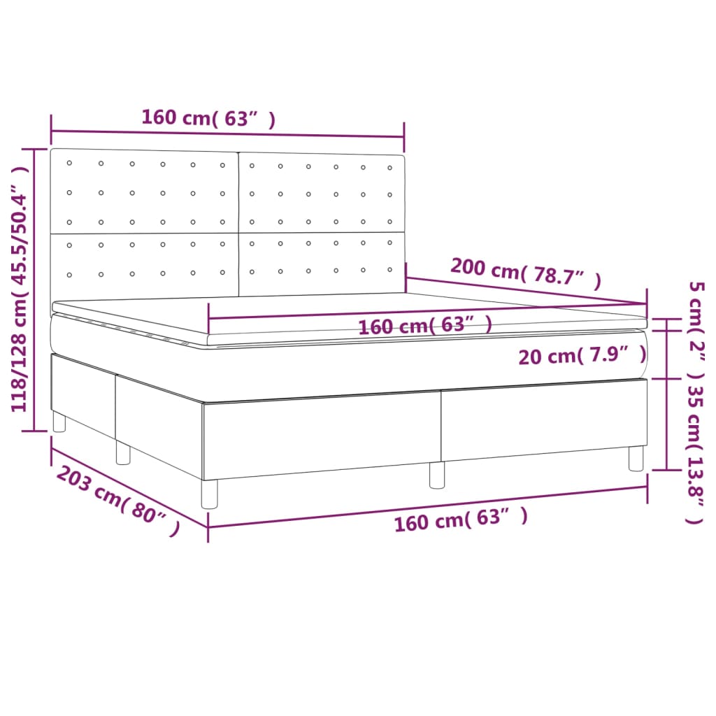 Cama box spring c/ colchão e LED 160x200 cm tecido cor creme